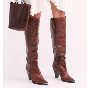 NEW Free People Boot Stevie Cognac Brown Leather Croc Heeled Boot Sz 37.5